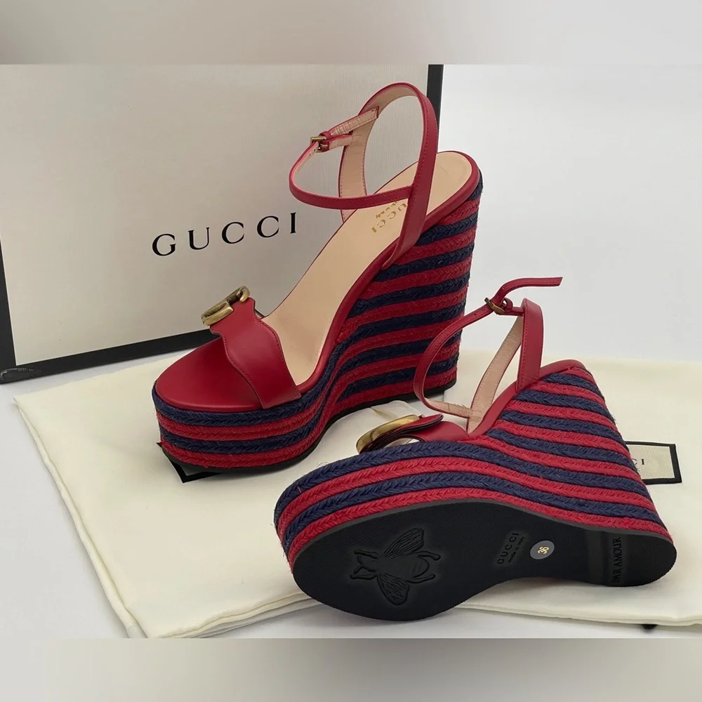 Authentic GUCCI Marmont Double G Leather Espadrille Platform Sandals
